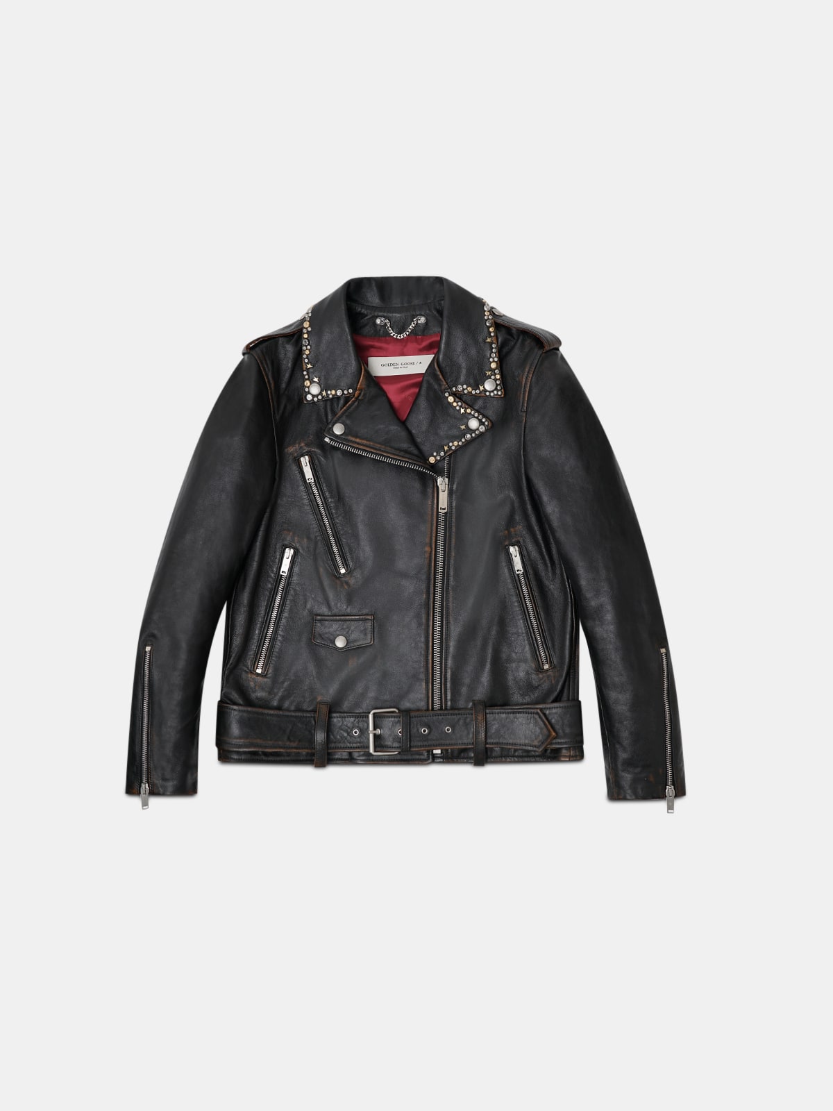 Golden Goose - Vintage-effect Golden biker jacket with studs on the collar in 