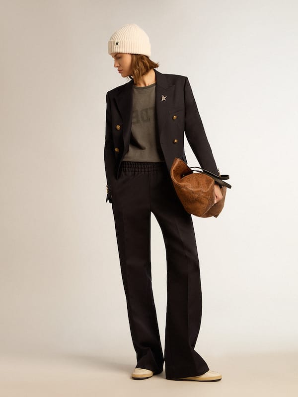 Women&rsquo;s sweatpants in dark blue wool gabardine