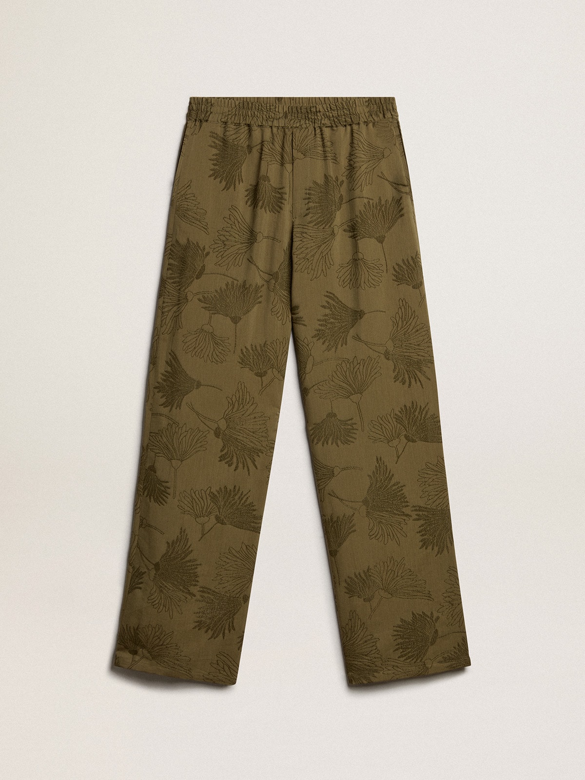 Golden Goose - Women's olive-colored viscose-cotton blend pants with floral pattern in 