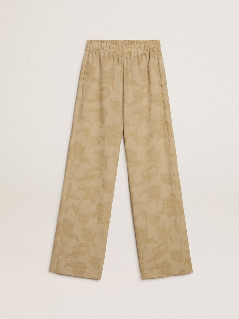 Pantalón de pijama de mujer en jacquard beige con motivo floral