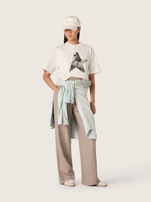 Women's pants in gray wool blend with pinstripe motif and elasticated waist