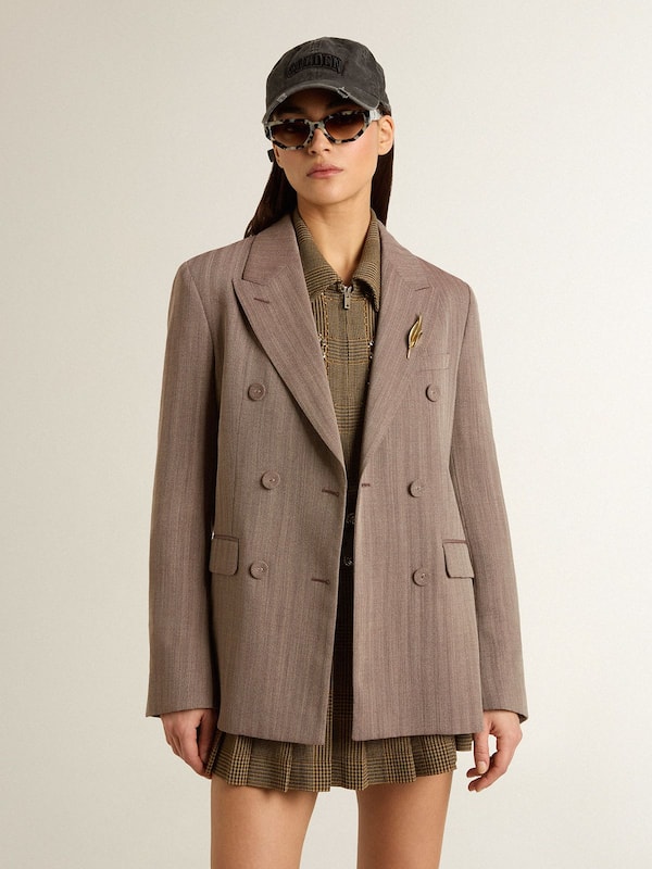 Golden Goose - Women's double-breasted blazer in beige chevron wool blend in 