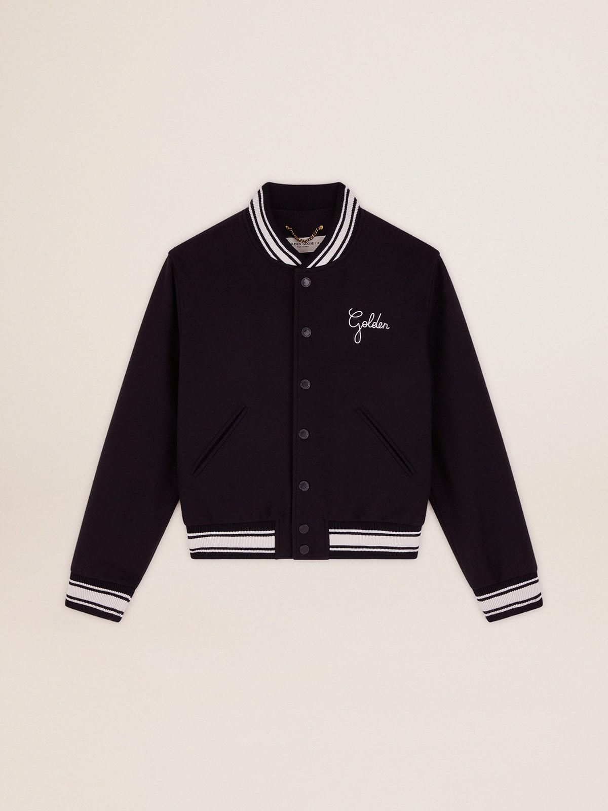 Women's bomber jacket in dark blue wool with white details