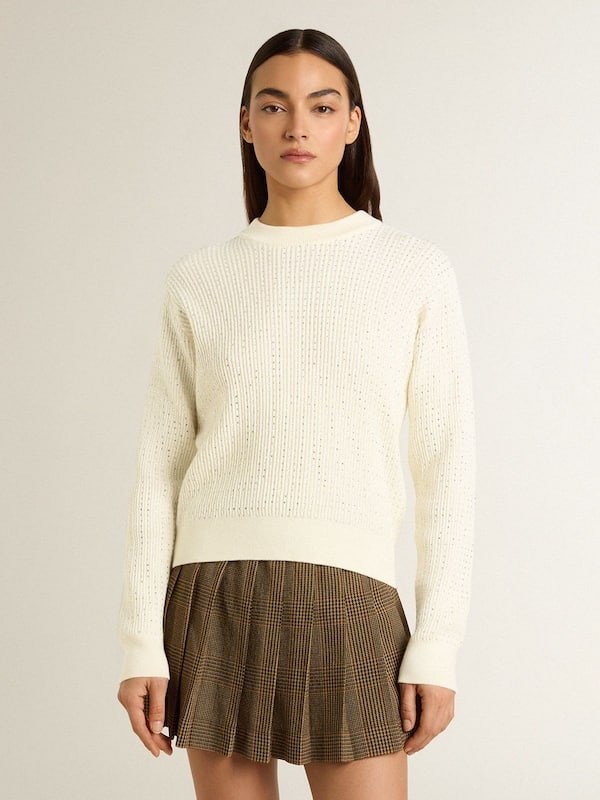Golden Goose - Women's crew-neck sweater in white merino wool with all-over crystals in 