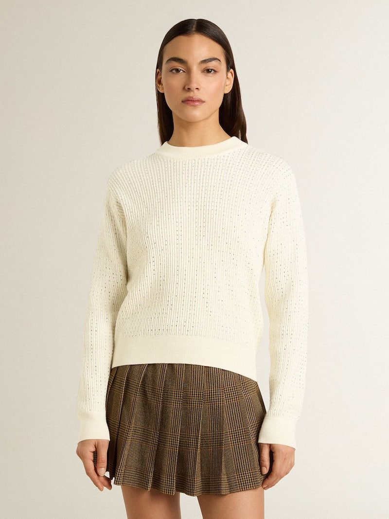 Golden Goose - Pullover mit Rundhalsausschnitt f&uuml;r Damen aus wei&szlig;er Merinowolle mit Allover-Kristallen in 