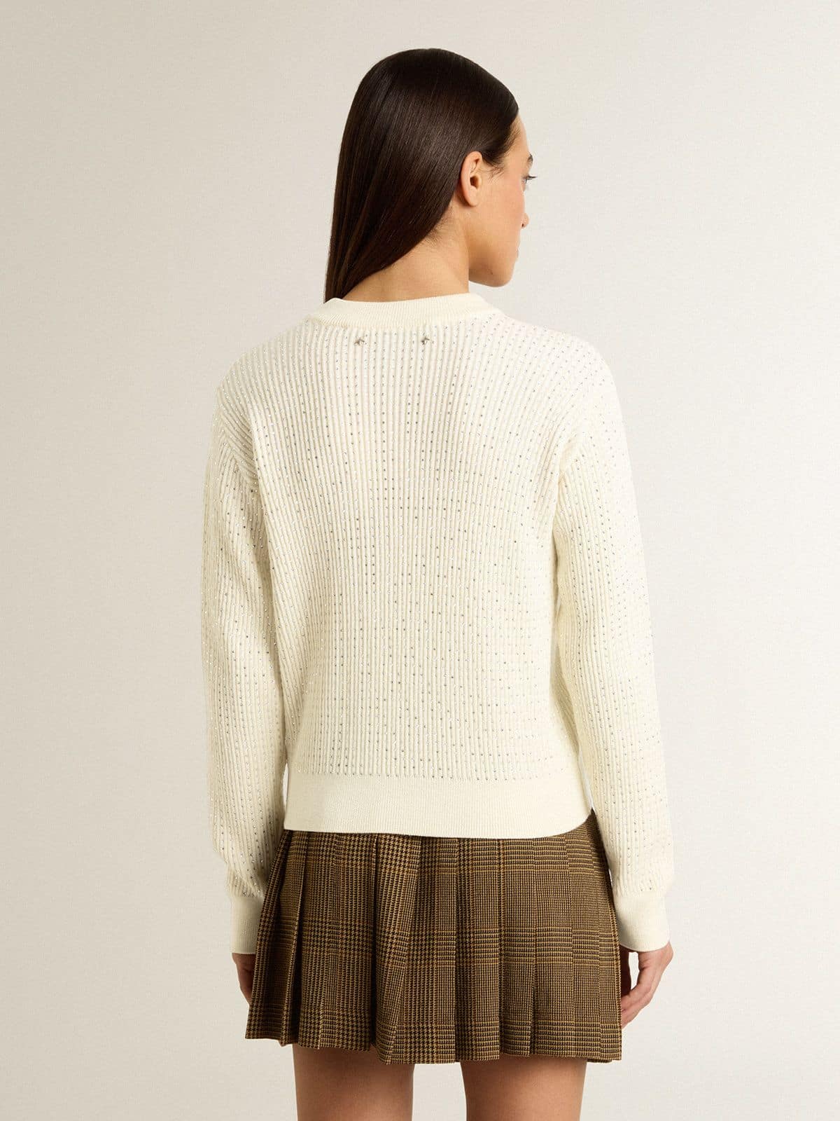 Golden Goose - Maglia girocollo da Donna in lana merino bianca con cristalli all-over in 