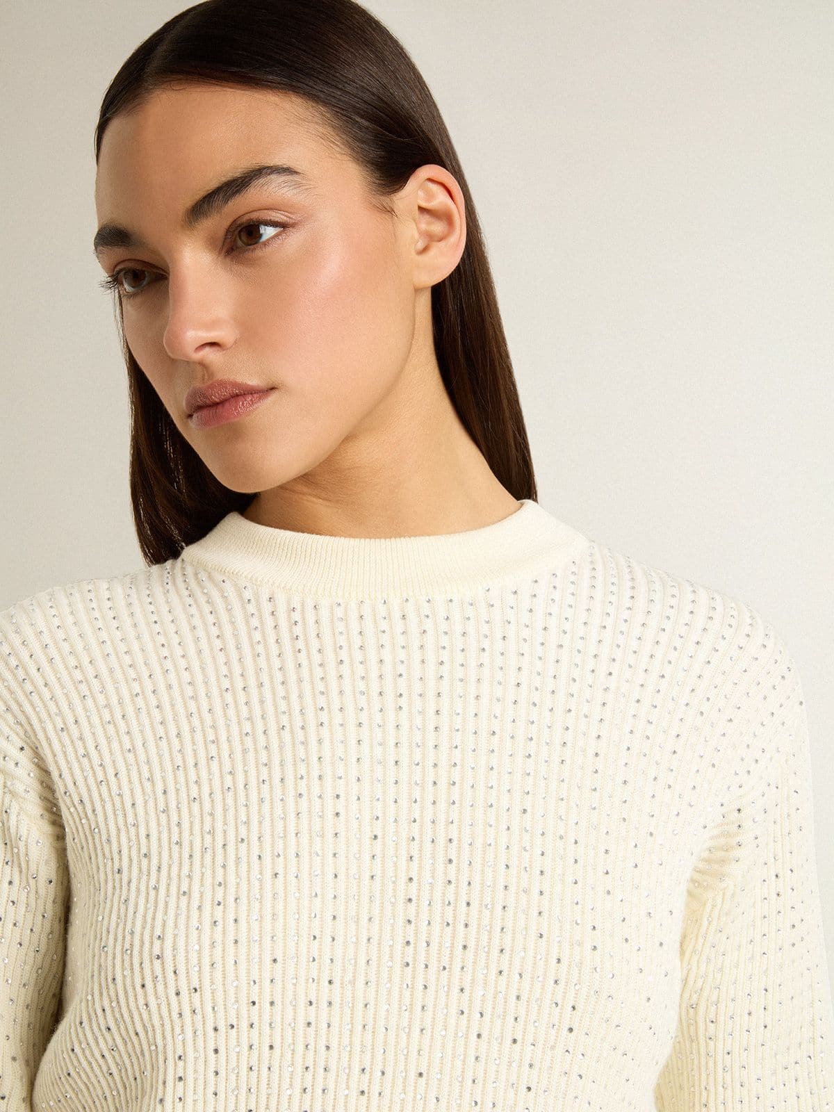 Golden Goose - Maglia girocollo da Donna in lana merino bianca con cristalli all-over in 