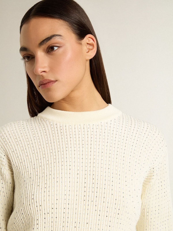 Golden Goose - Women's crew-neck sweater in white merino wool with all-over crystals in 