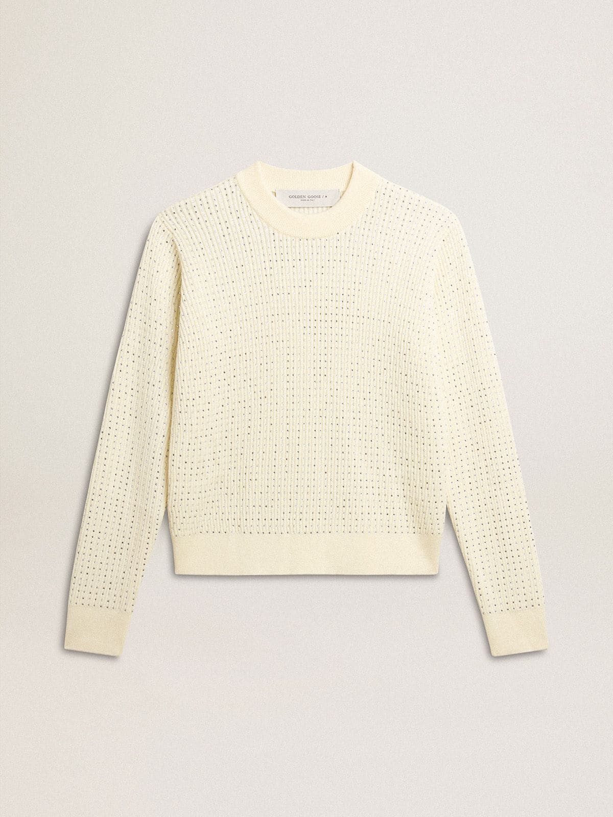 Golden Goose - Maglia girocollo da Donna in lana merino bianca con cristalli all-over in 