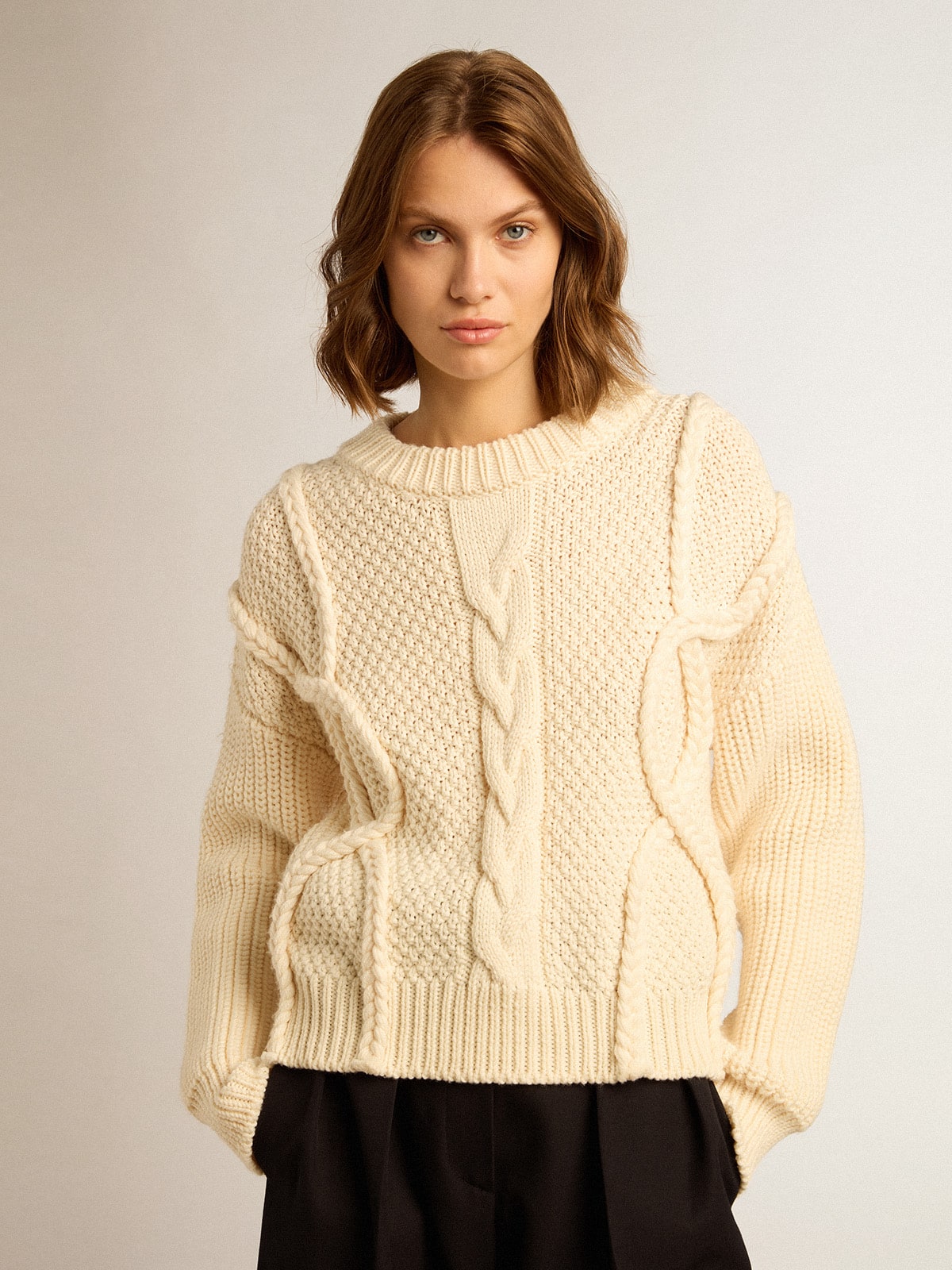 Golden Goose - Women's round-neck sweater in wool with braided motif in 