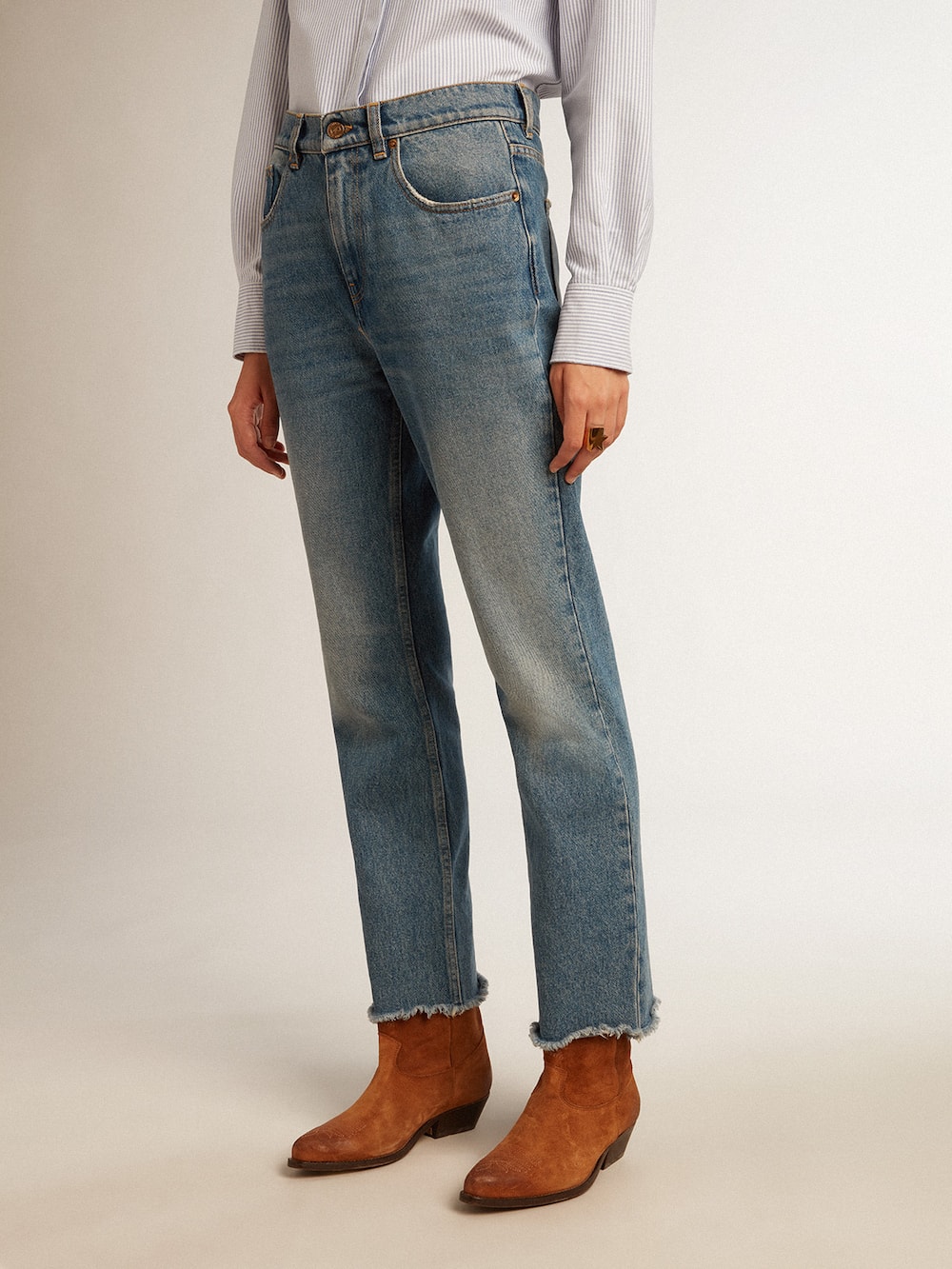 Golden Goose - Calça jeans cropped flare feminina com lavagem média in 