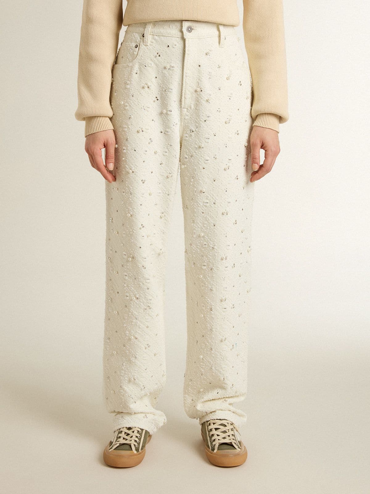 Golden Goose - Pantalones de mujer en denim blanco con bordado de perlas y cristales in 