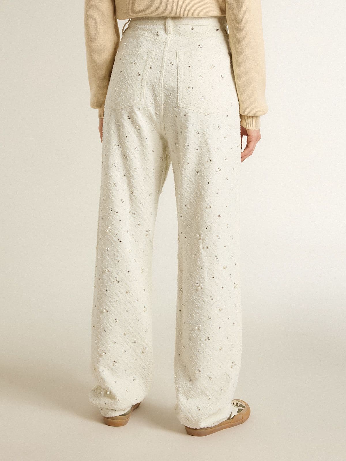 Golden Goose - Pantalones de mujer en denim blanco con bordado de perlas y cristales in 