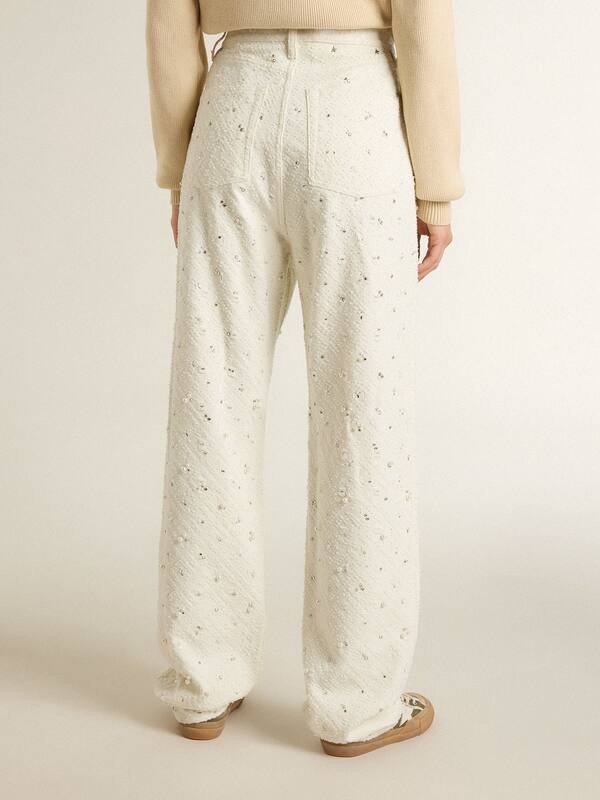 Golden Goose - Women's white denim pants with beading and crystals in 