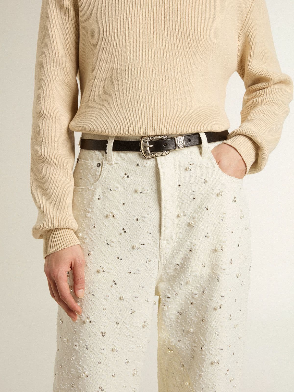 Golden Goose - Pantalones de mujer en denim blanco con bordado de perlas y cristales in 