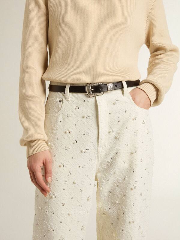 Golden Goose - Women's white denim pants with beading and crystals in 