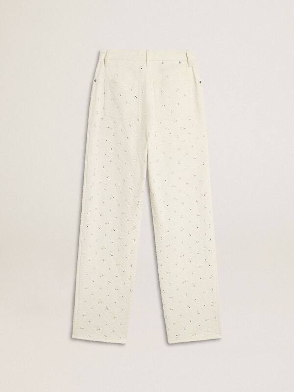 Golden Goose - Women's white denim pants with beading and crystals in 