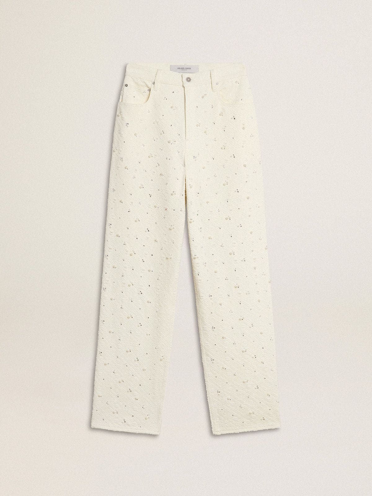 Golden Goose - Pantalones de mujer en denim blanco con bordado de perlas y cristales in 