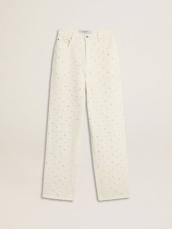 Golden Goose - Women's white denim pants with beading and crystals in 