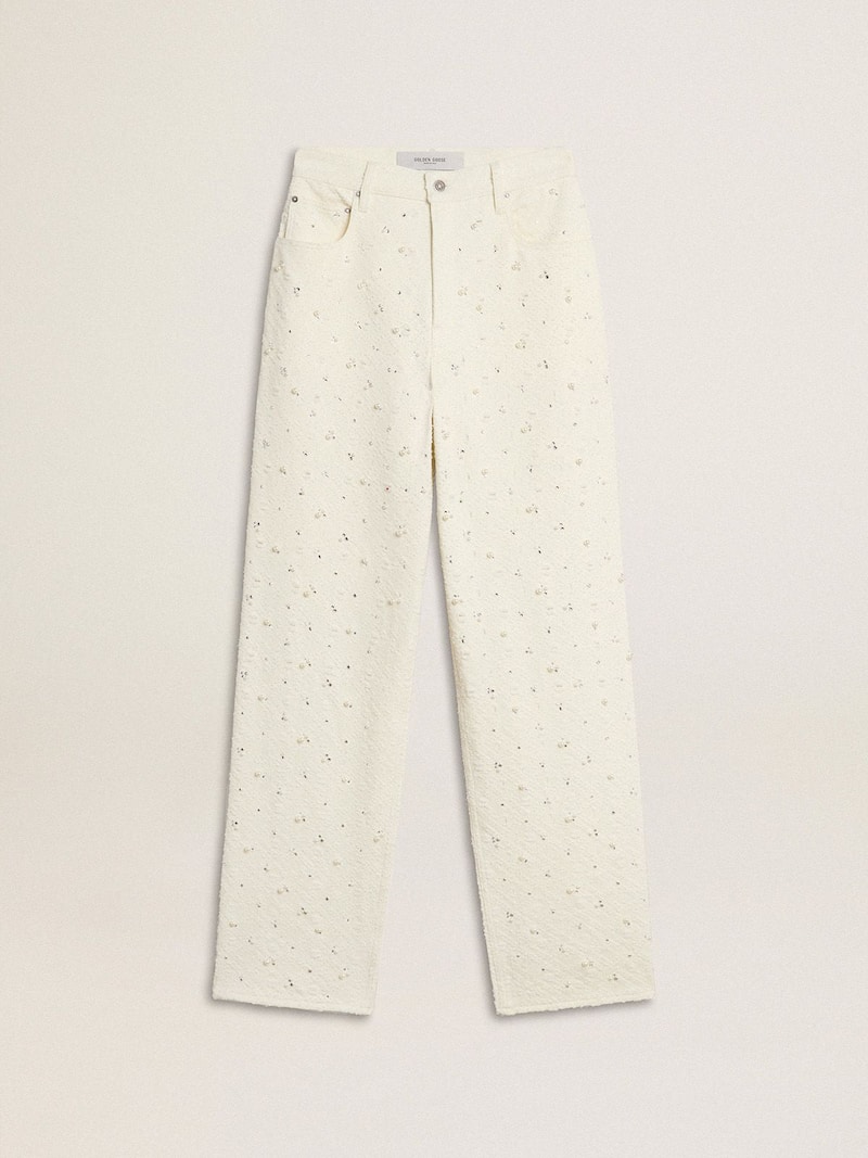Women's white denim pants with beading and crystals