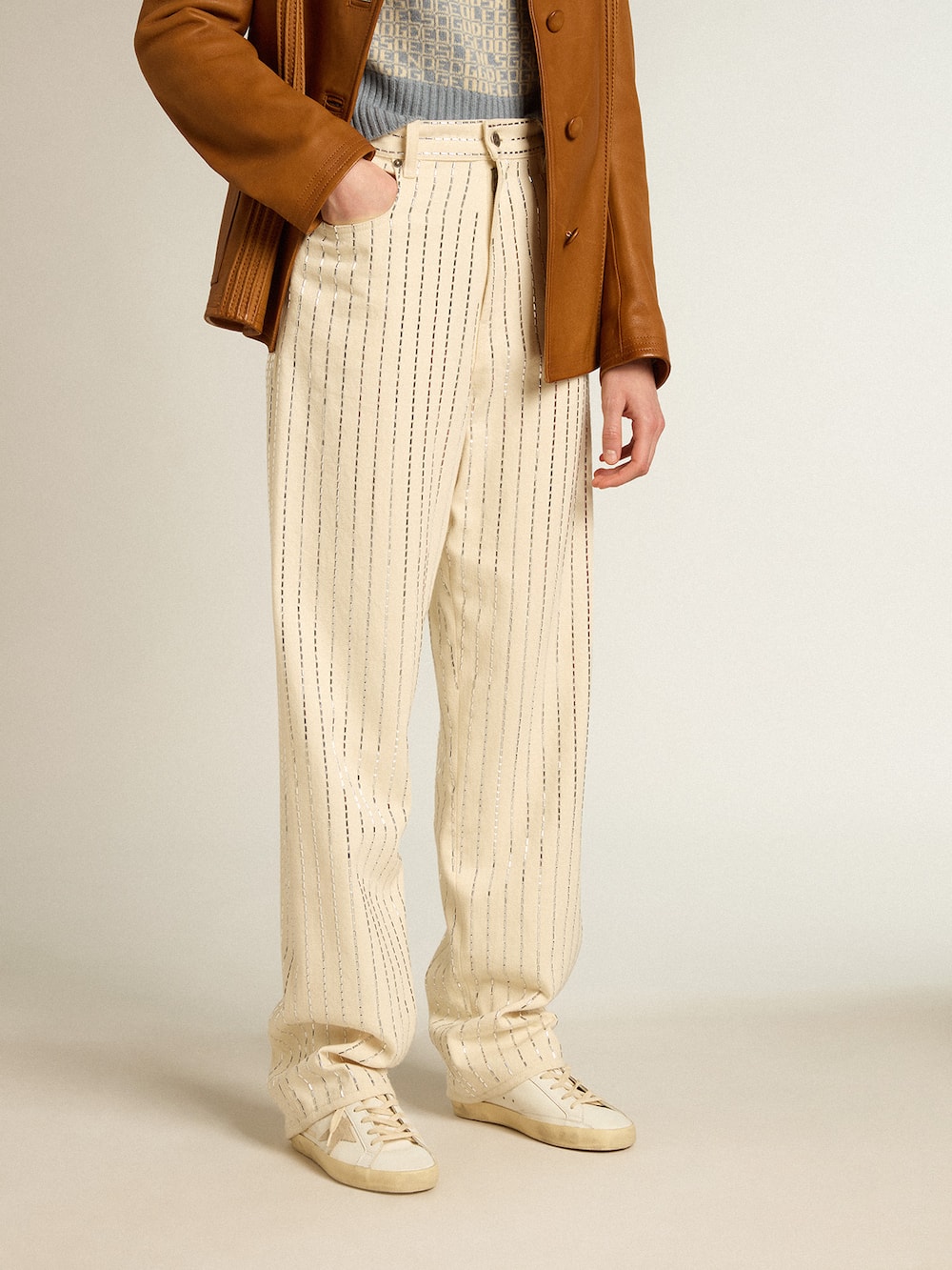 Golden Goose - White pants with baguette-shaped studs in 