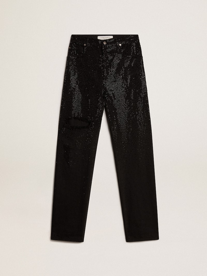 Women’s cotton denim pants with shaded-effect crystal decoration