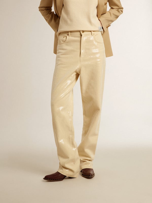 Golden Goose - Ekrüfarbene Hose mit durchsichtigen Allover-Pailletten in 