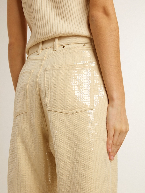 Golden Goose - Pantalone di color ecrù con paillettes trasparenti all-over in 