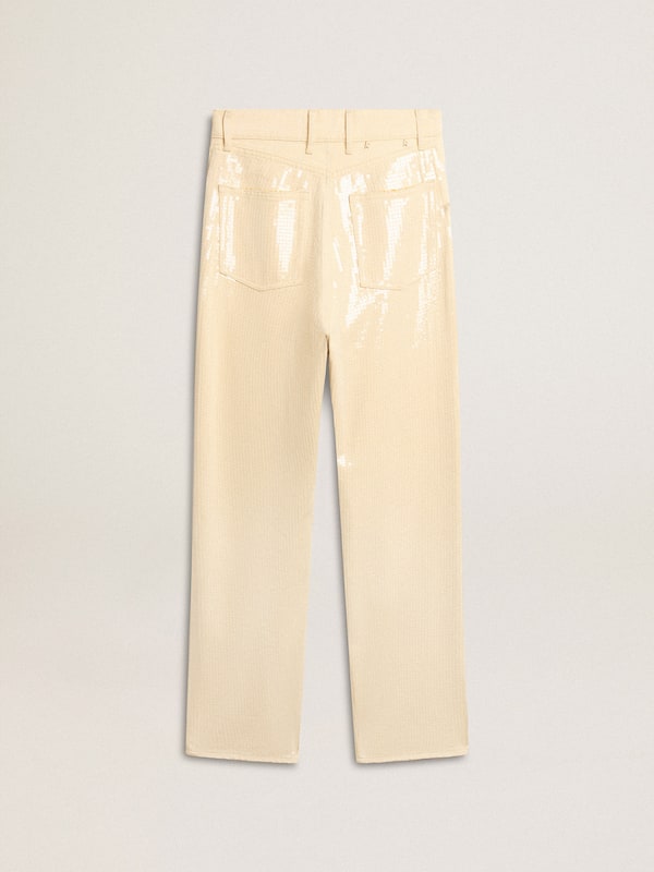 Golden Goose - Pantalone di color ecrù con paillettes trasparenti all-over in 