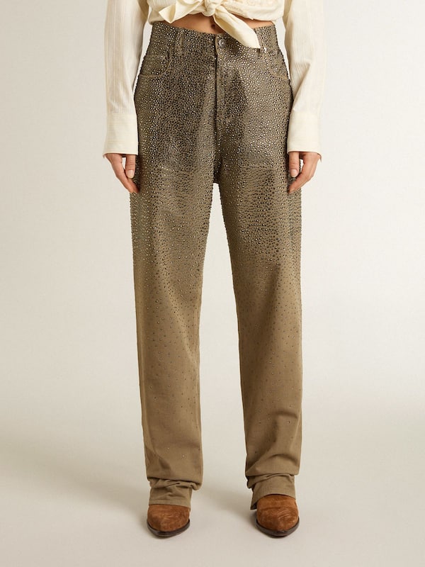 Golden Goose - Women's khaki cotton pants with gradient Swarovski effect in 