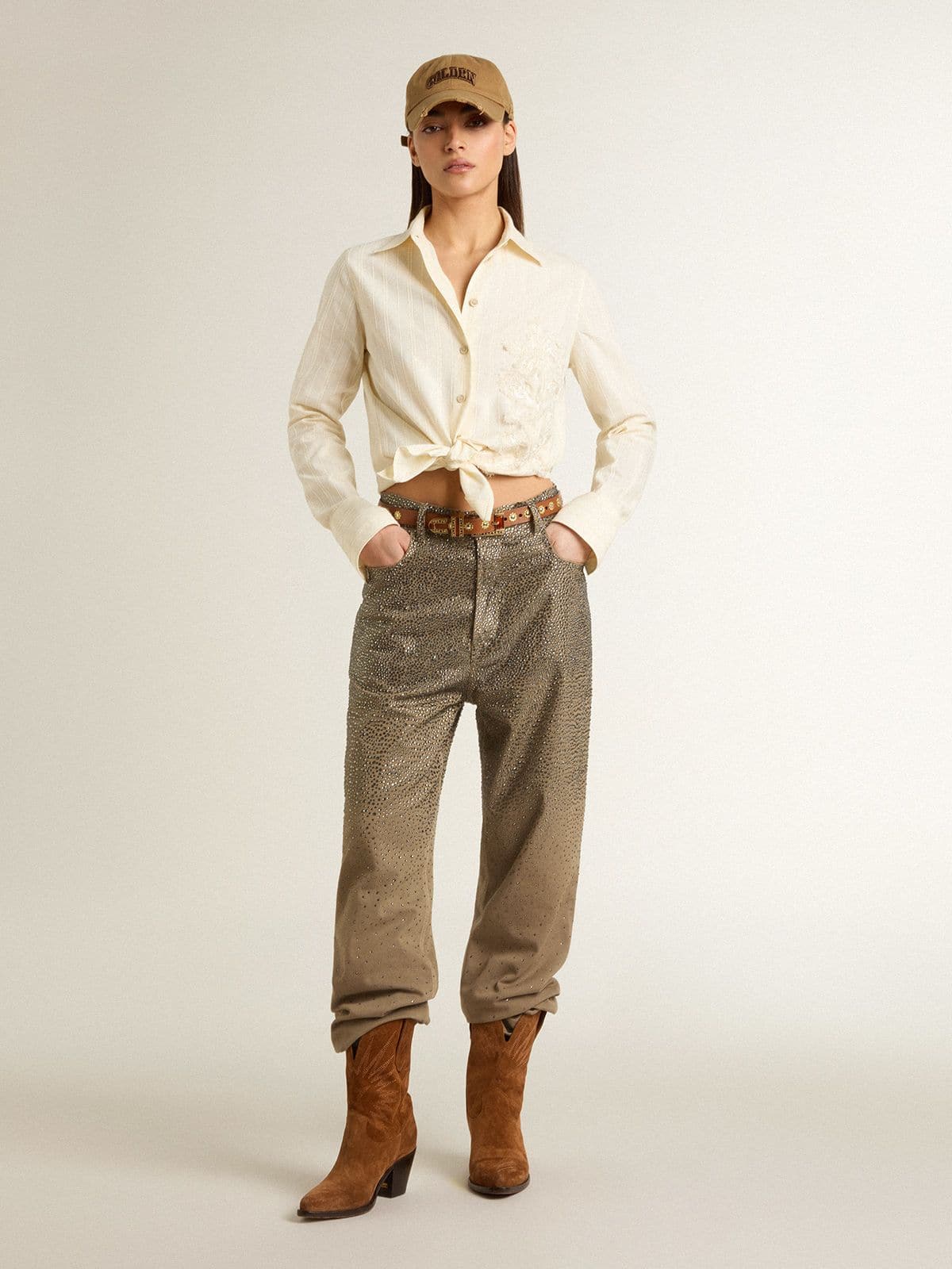 Golden Goose - Pantaloni da donna in cotone colore khaki con Swarovski effetto degradè in 