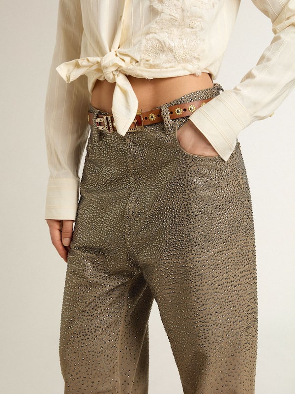 Golden Goose - Women's khaki cotton pants with gradient Swarovski effect in 