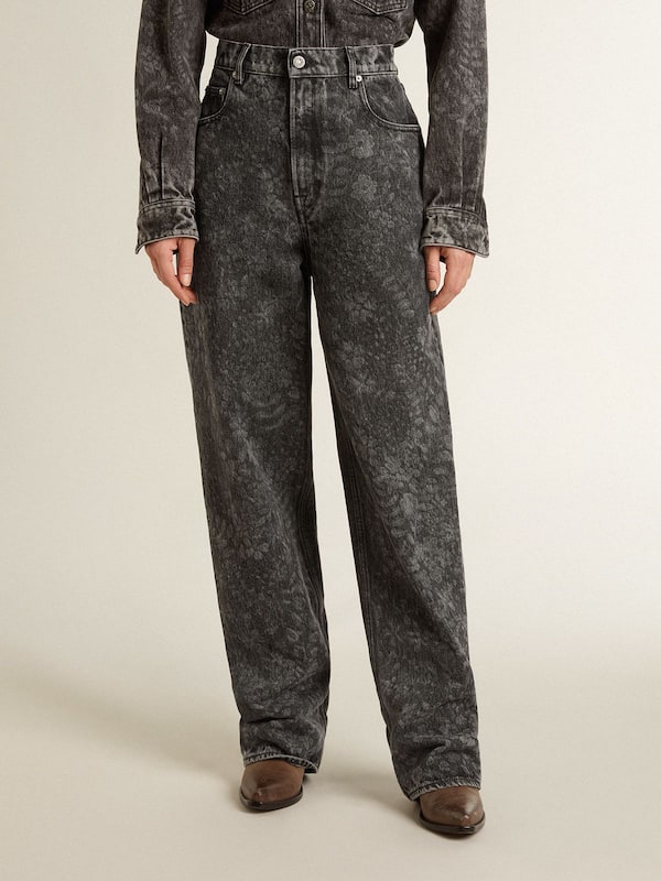 Women's black jeans with a floral motif