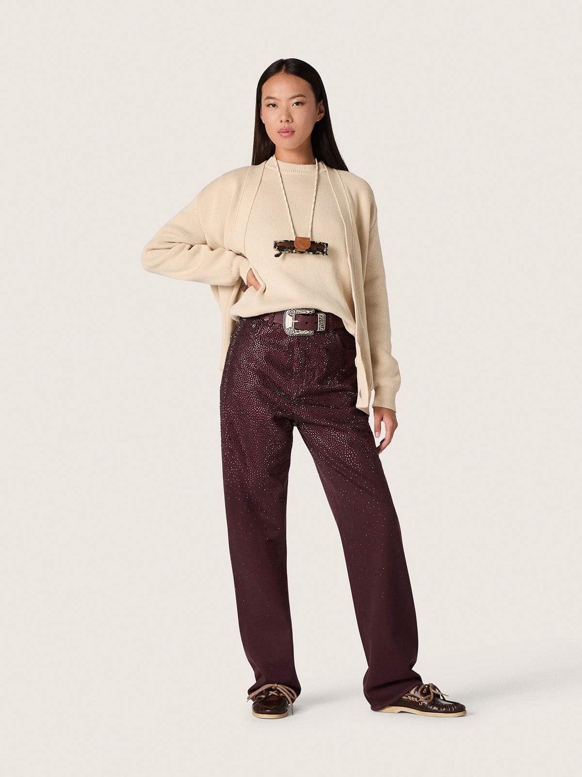 Golden Goose - Women's jeans in burgundy denim with gradient crystals in 