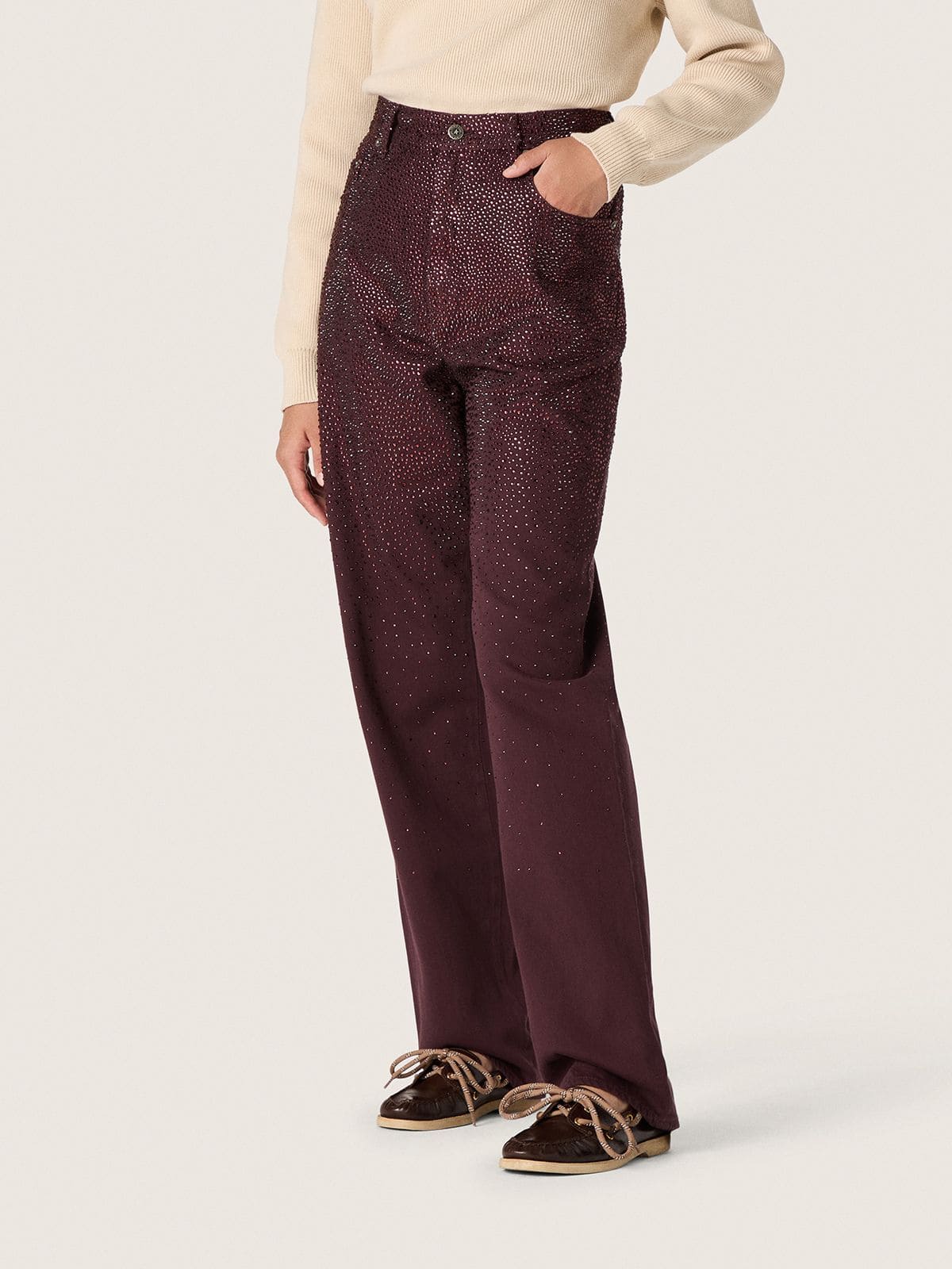 Golden Goose - Women's jeans in burgundy denim with gradient crystals in 