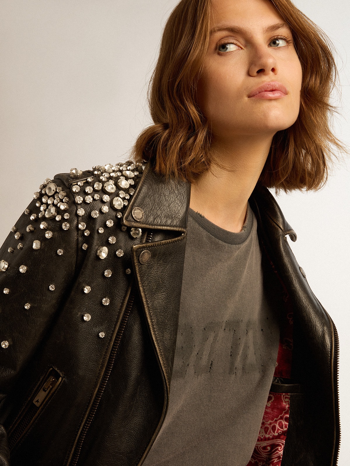 Women s leather biker jacket with crystals Golden Goose