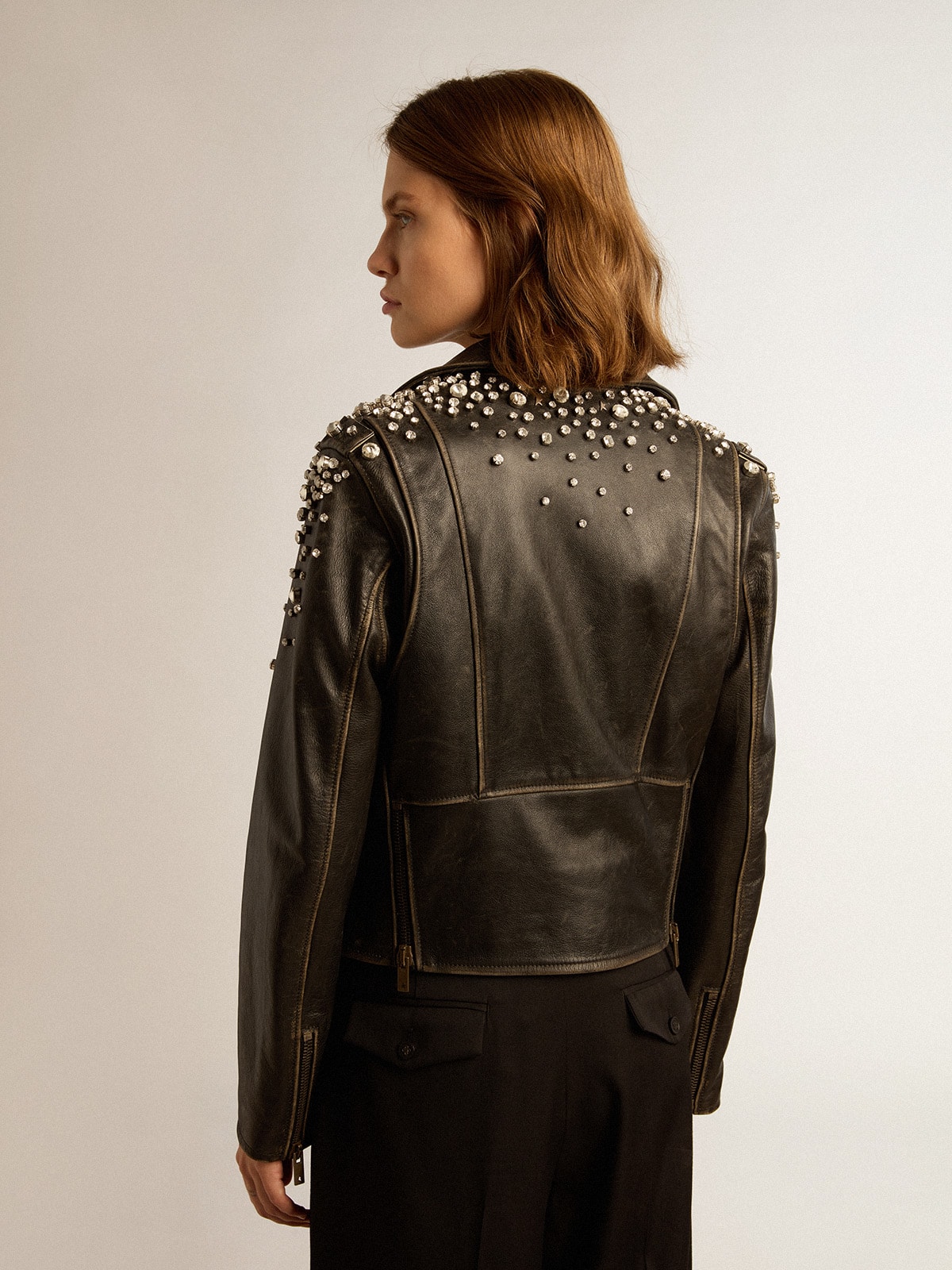 Women s leather biker jacket with crystals Golden Goose