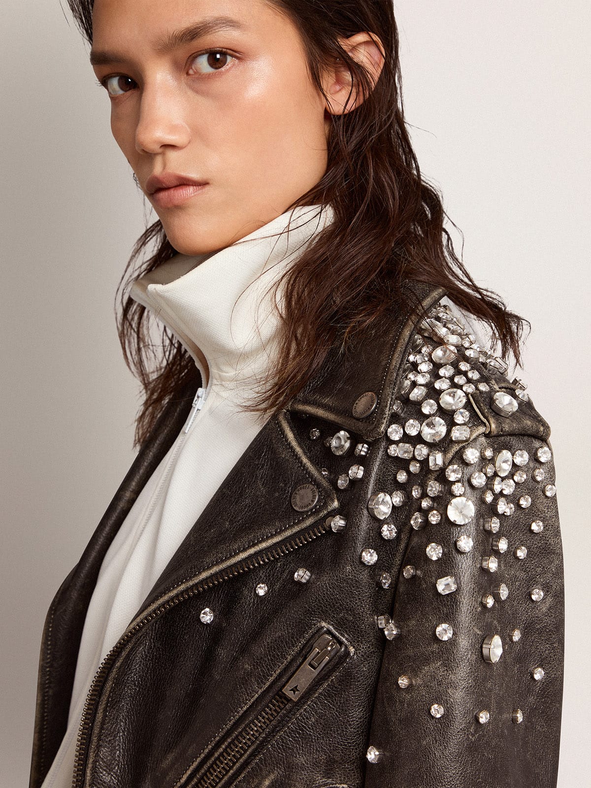 Golden Goose - Women's biker jacket in distressed leather with cabochon crystals in 