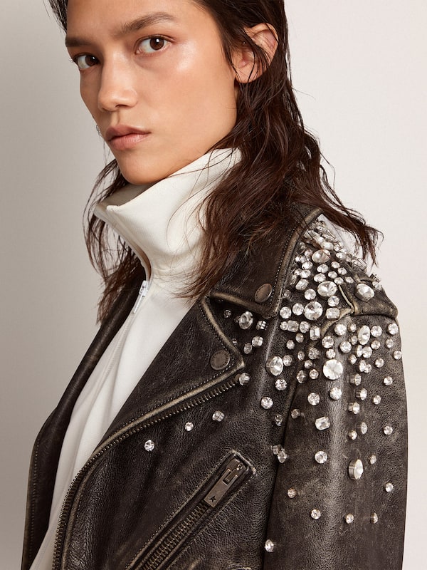Golden Goose - Women's biker jacket in distressed leather with cabochon crystals in 