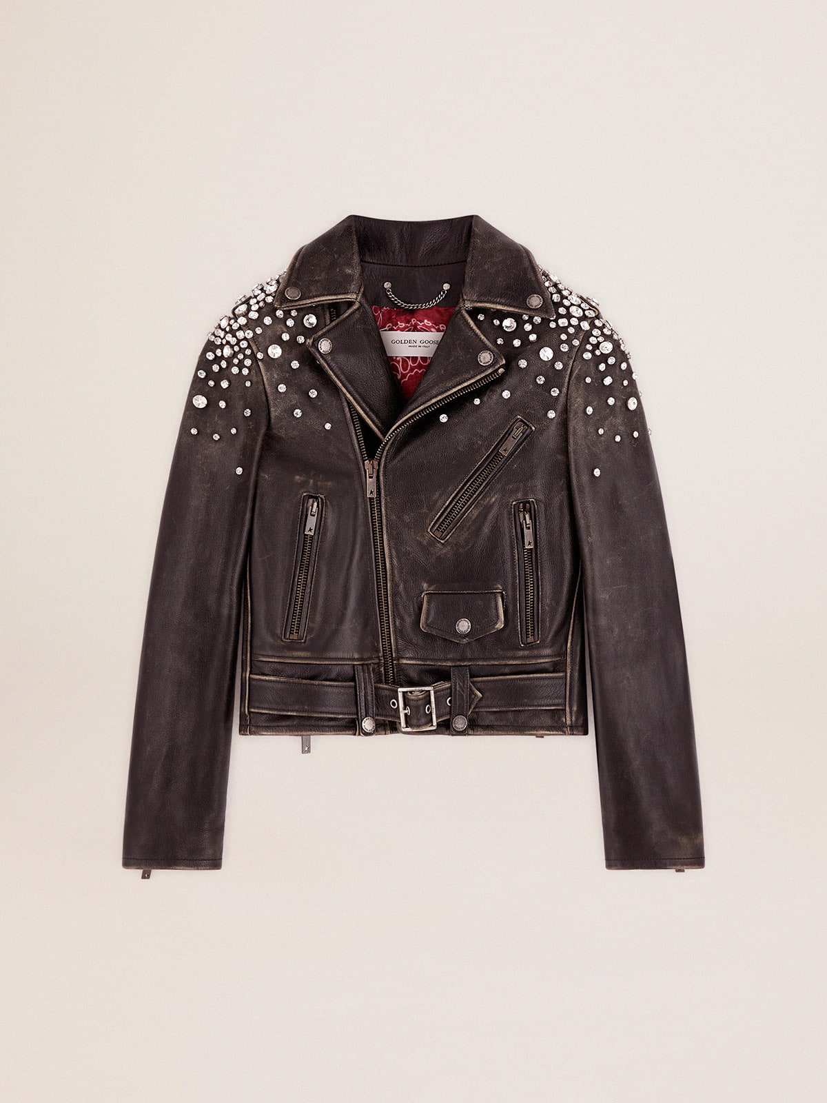 Golden Goose - Women's biker jacket in distressed leather with cabochon crystals in 