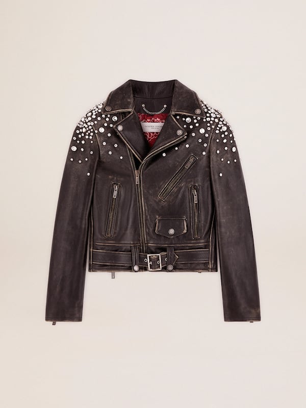 Golden Goose - Women's biker jacket in distressed leather with cabochon crystals in 