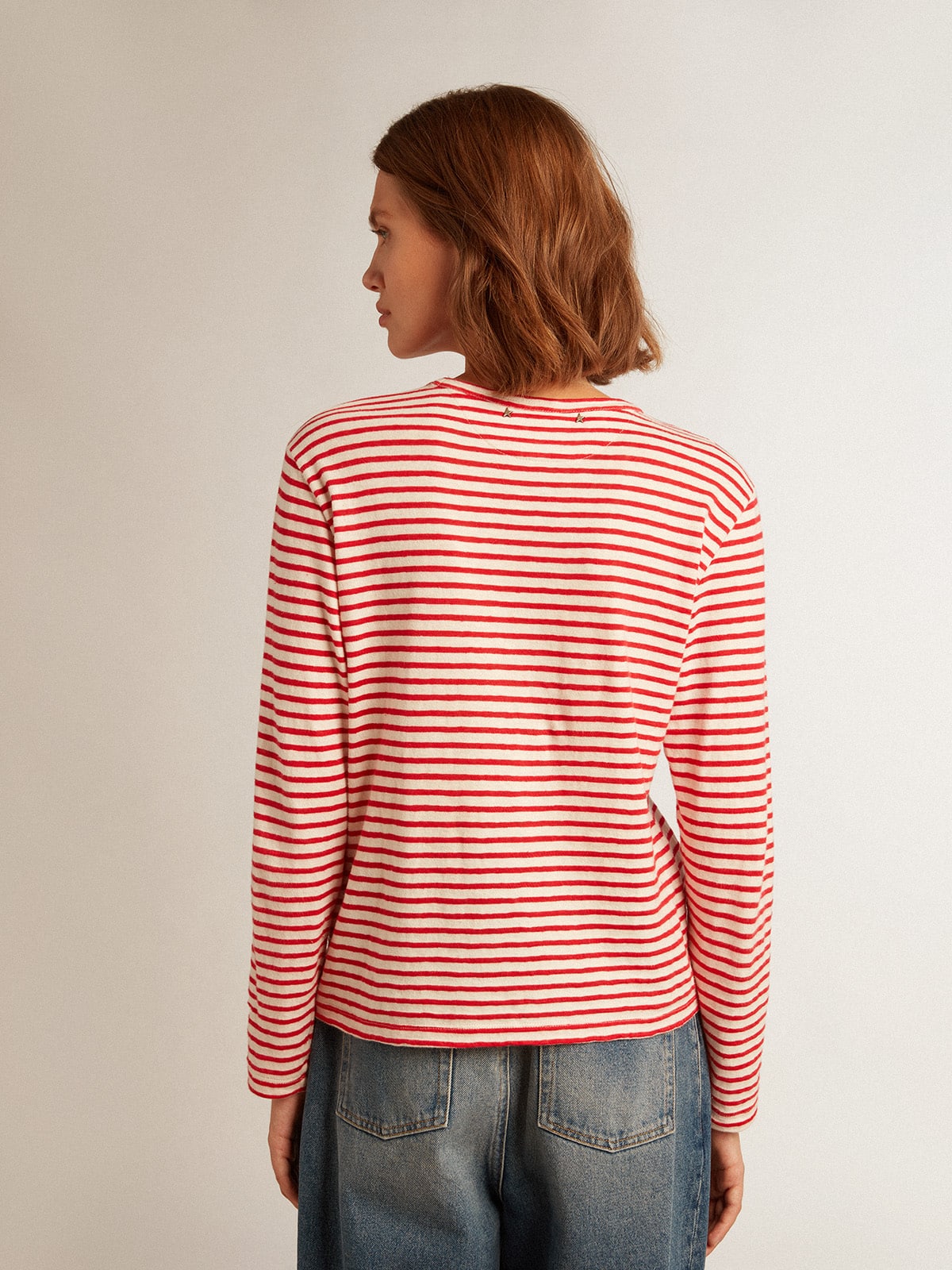 Golden Goose - Women's T-shirt with white and red stripes and embroidery on the front in 