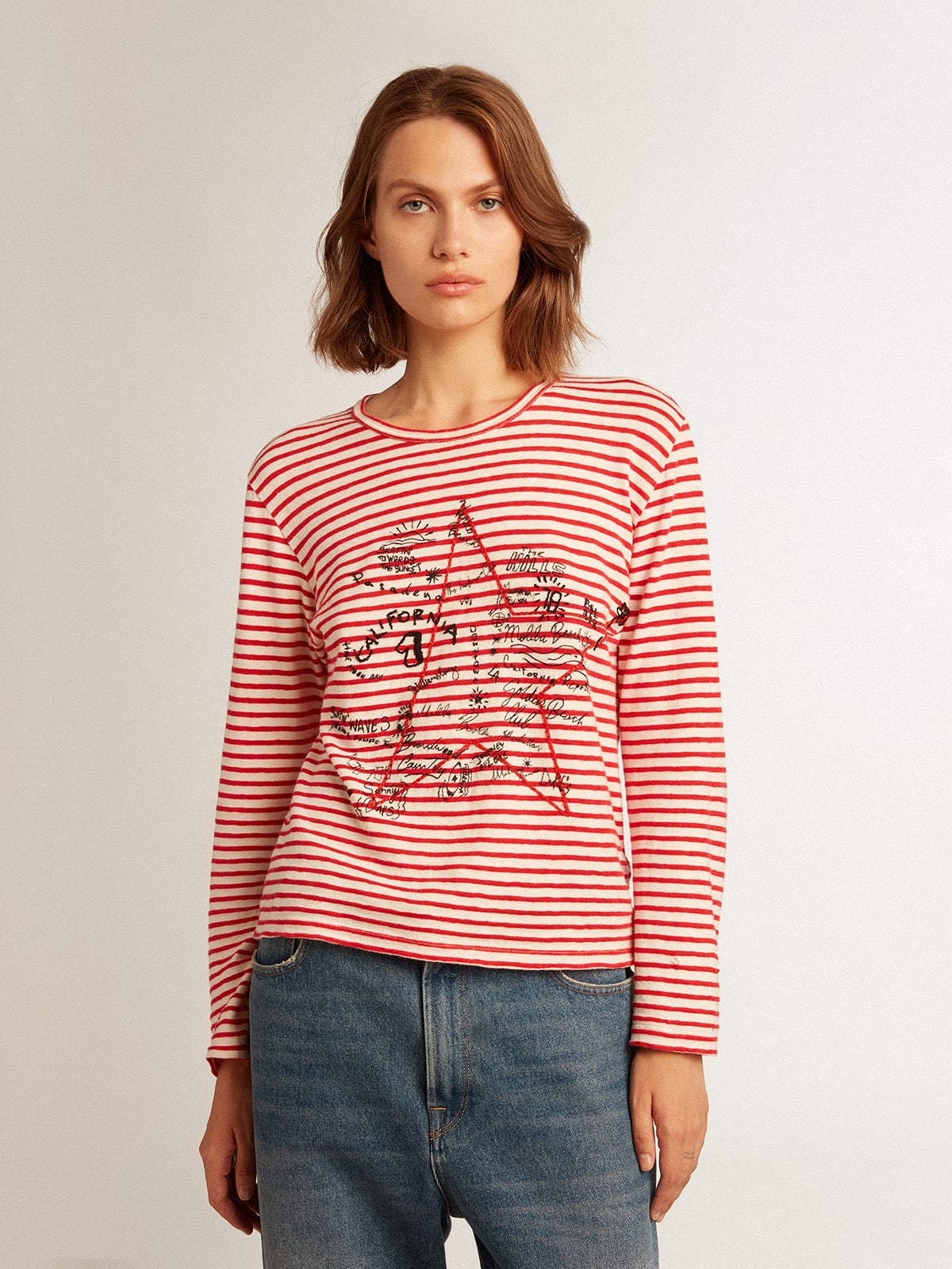 Golden Goose - Women's T-shirt with white and red stripes and embroidery on the front in 