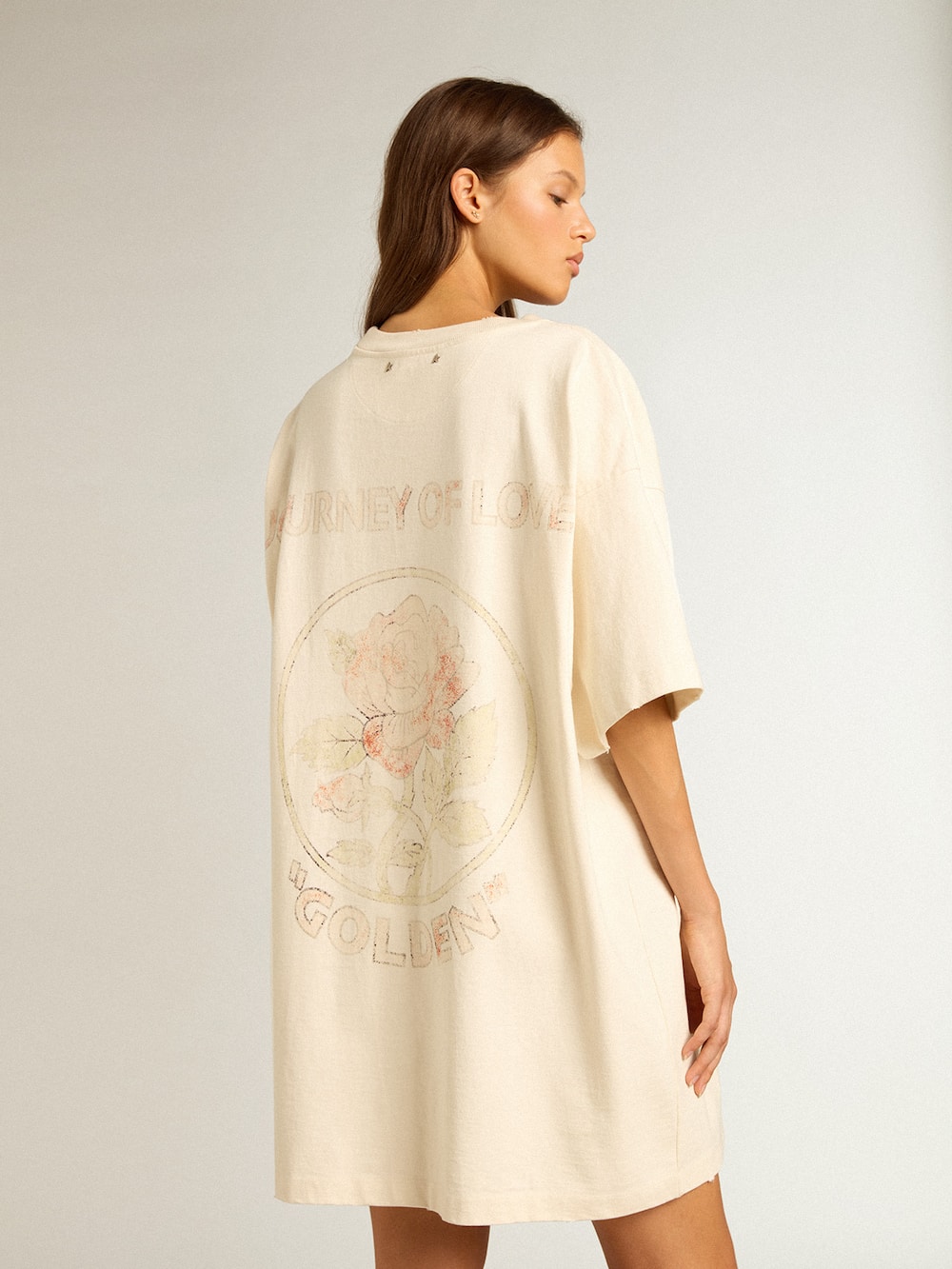 Golden Goose - T-Shirt-Kleid aus Baumwolle in Lived-in-White mit Stickmotiv in 