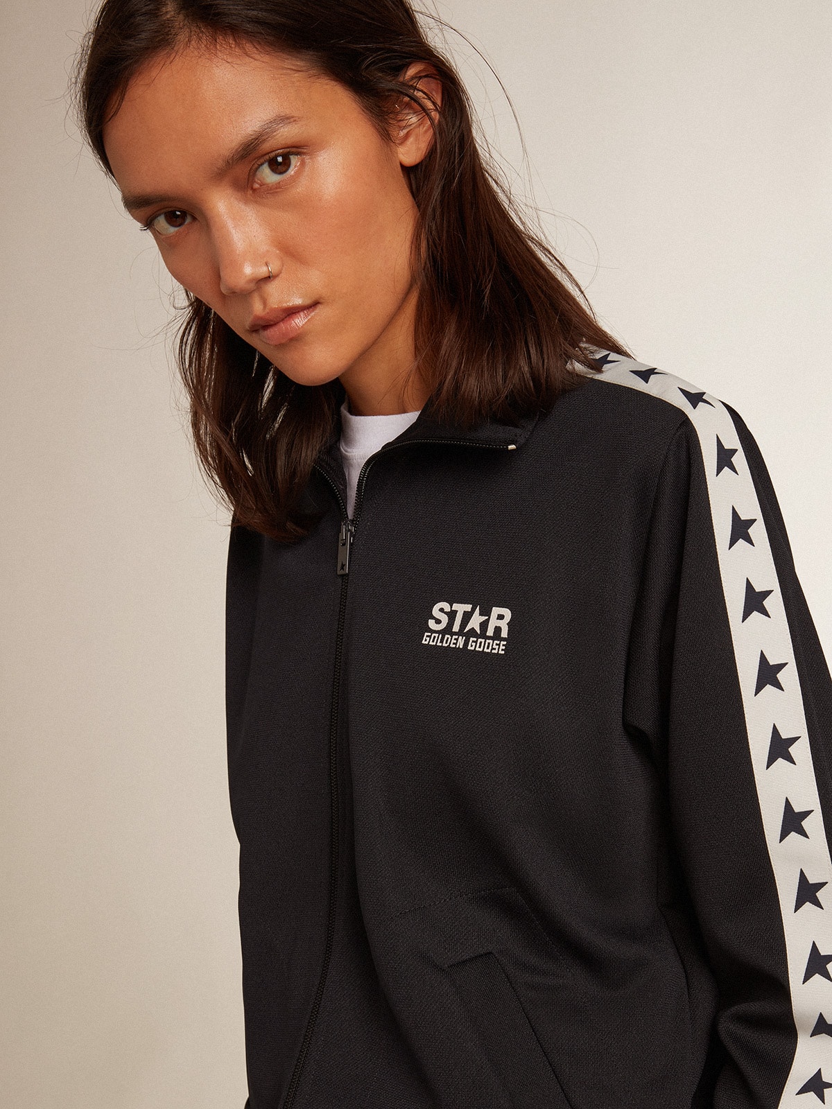 Golden Goose - Dark blue zipped sweatshirt with white strip and contrasting stars in 