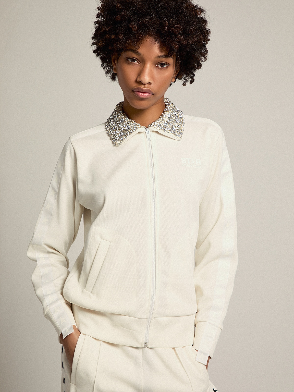 Golden Goose - Women’s papyrus-white zipped sweatshirt with crystal collar in 