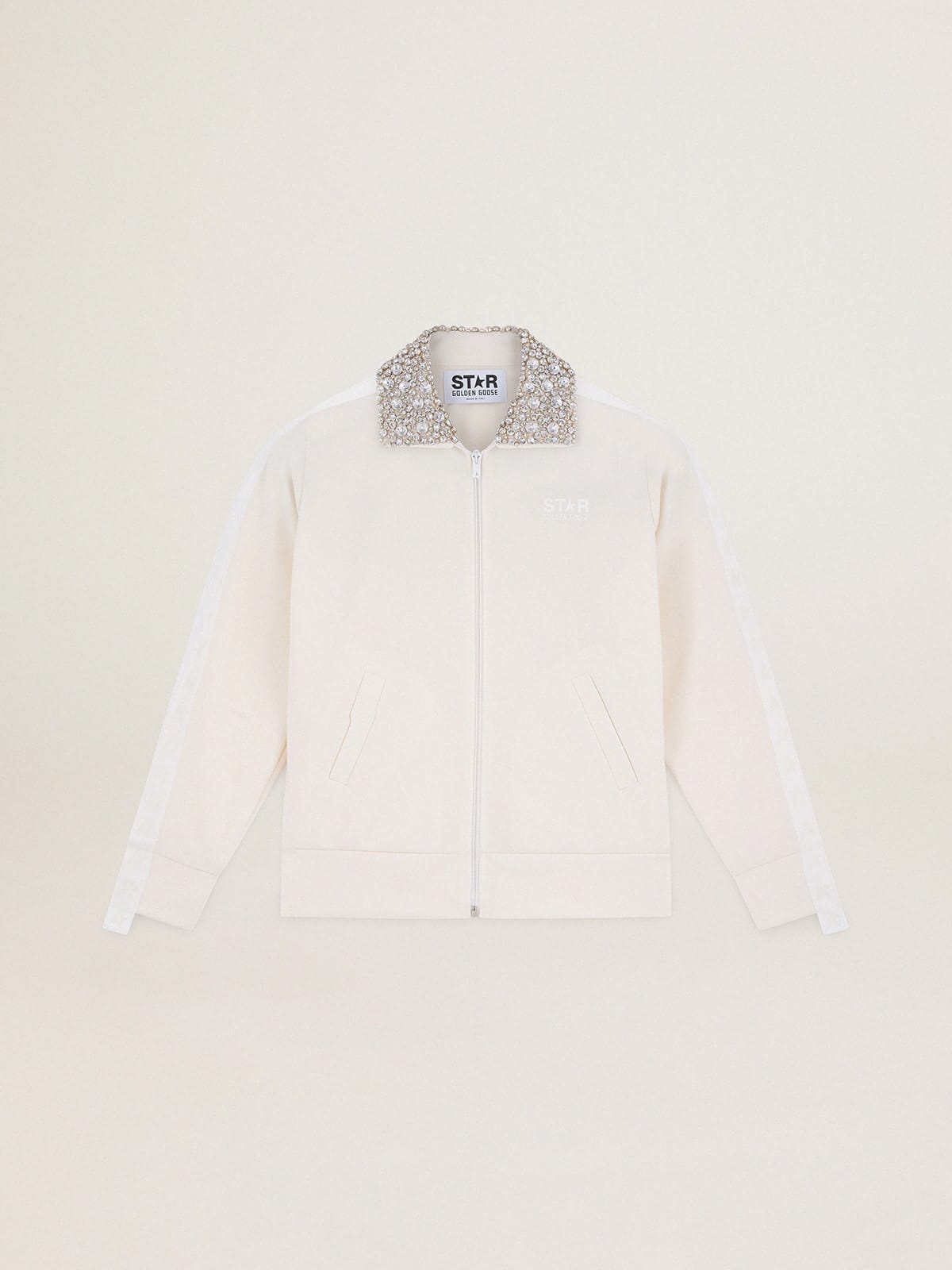 Golden Goose - Women’s papyrus-white zipped sweatshirt with crystal collar in 