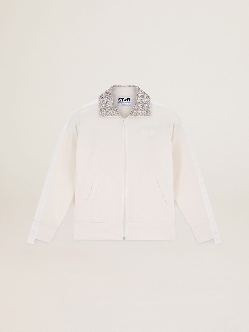 Sweat-shirt avec fermeture à glissière Denise collection Star de couleur blanc papyrus avec cristaux sur le col