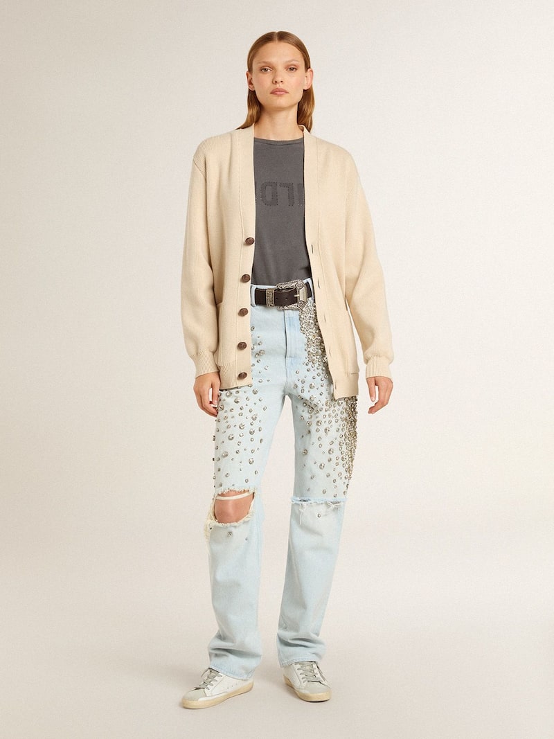 Golden Goose - Cardigan da donna di colore beige con scritta 'Golden' sul retro in 