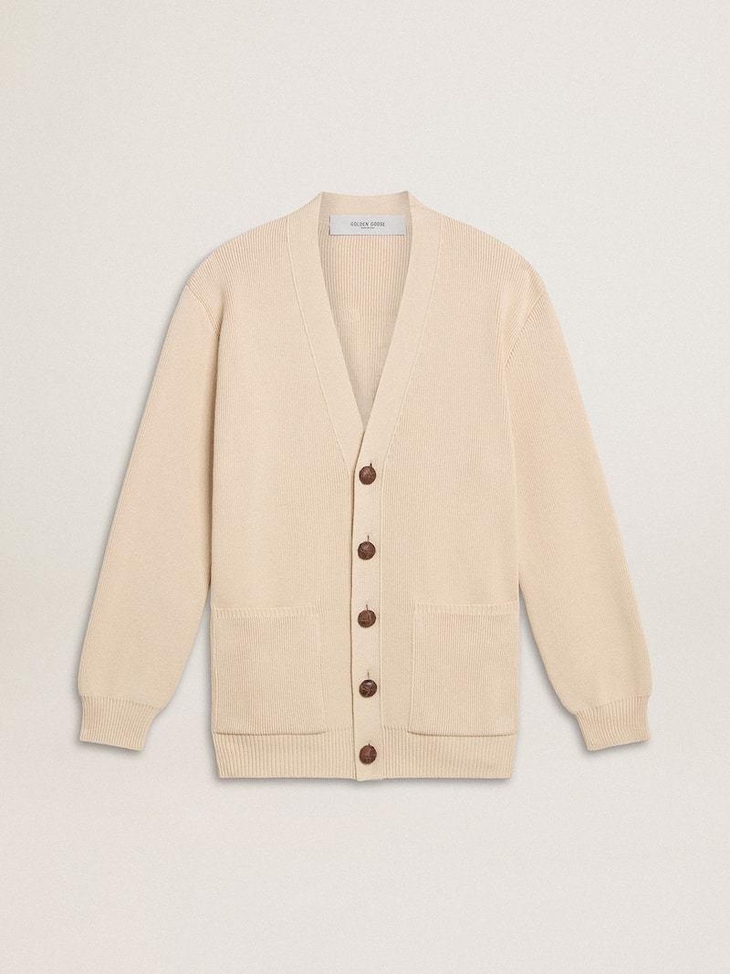 Women’s beige cardigan with 'Golden' lettering on the back